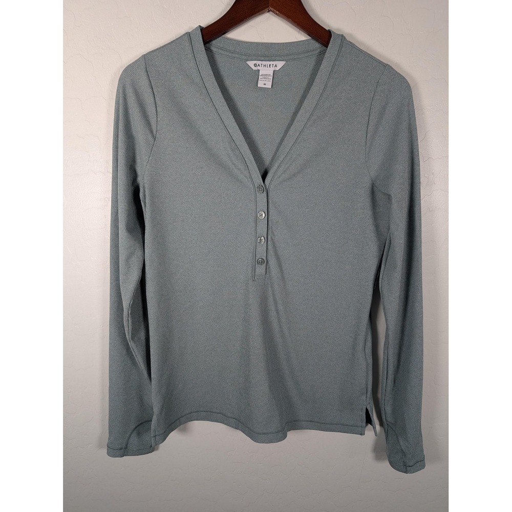 Athleta Shirt Womens Medium Green Uptempo Ribbed Henley Long Sleeve Stretch Top‎